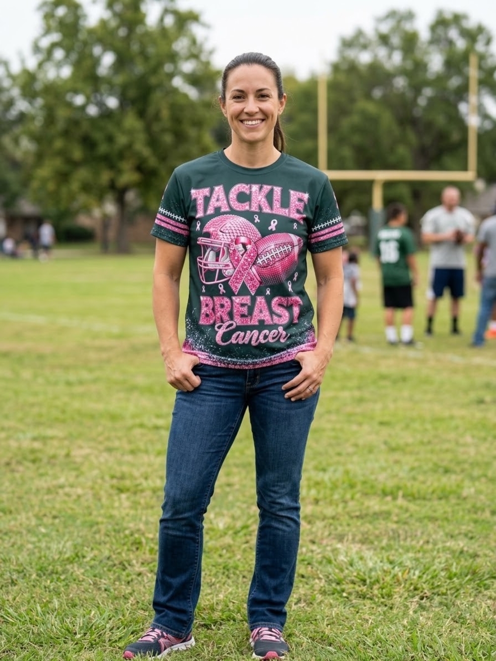 Breast Cancer Awareness Graphic Tee - Dark Green with Pink Print Size Large